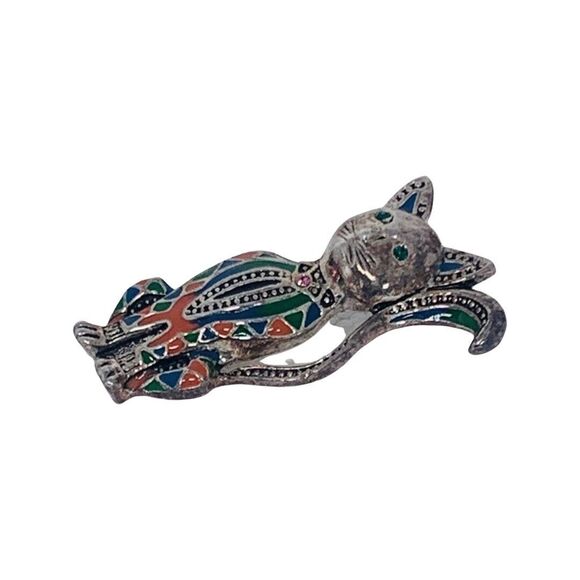 VTG Guilloche Siamese Cat Brooch Pin 2 1/8" Silver Tone Ethnic Multicolor - Picture 3 of 6
